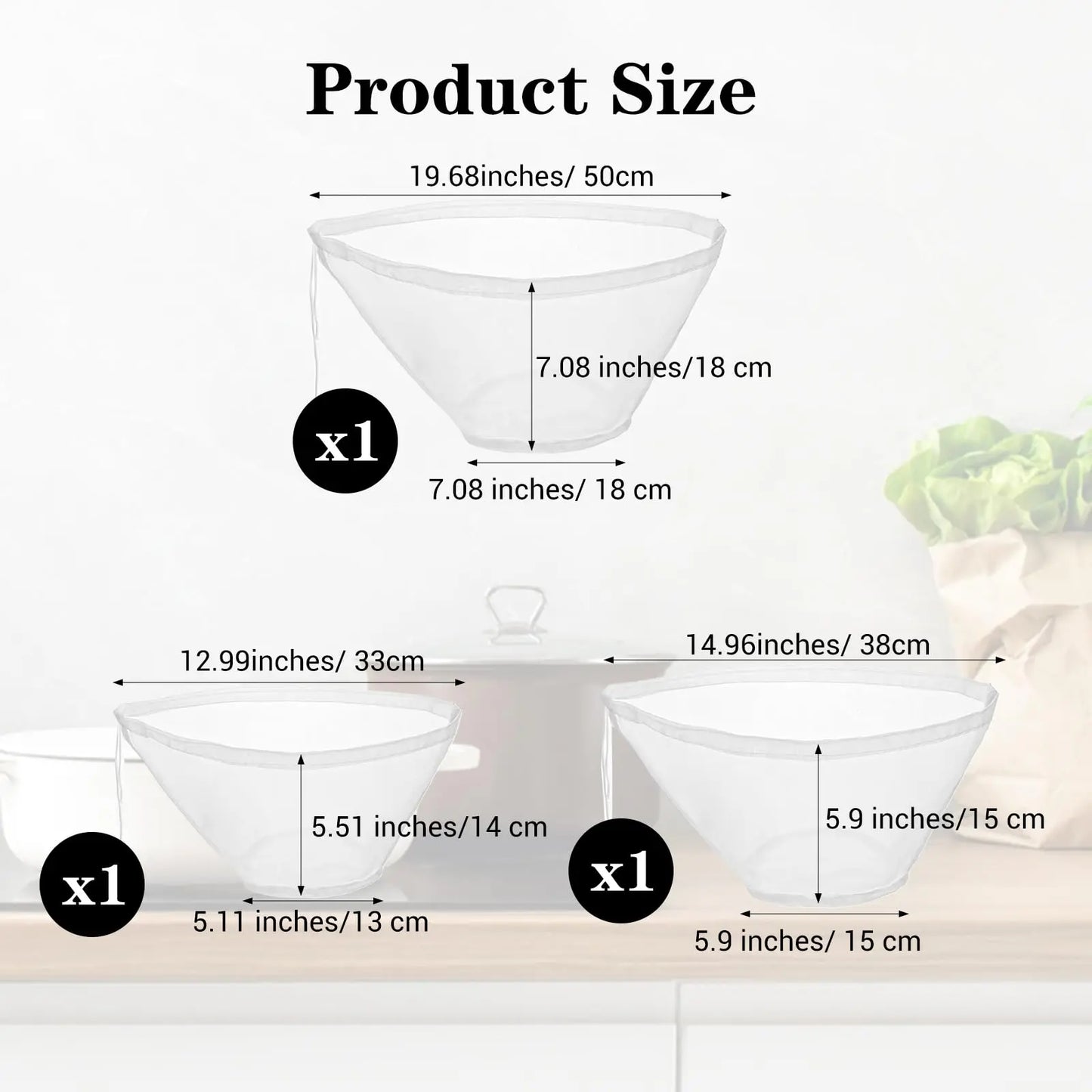 3PCS Bowl-Shaped Nylon Nut Milk Bag, Reusable Strainer Bags for Cheese Cloths Almond Milk, Tea, Juice, Yogurt, Cheesecloth Alternative, Fine Mesh Food Filter