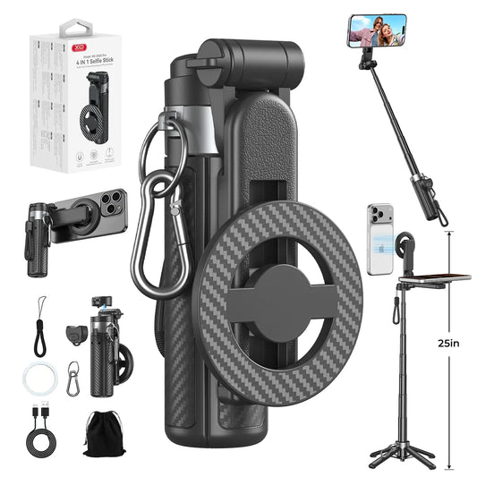 2026 Upgrated 4-in-1 Magnetic Selfie Stick with Remote for Cell Phone 360° Rotation.Can Transforms into Mini Tripod/Camera Grip/Handheld Stabilizer/Phone Stand.Extend to 25 inches