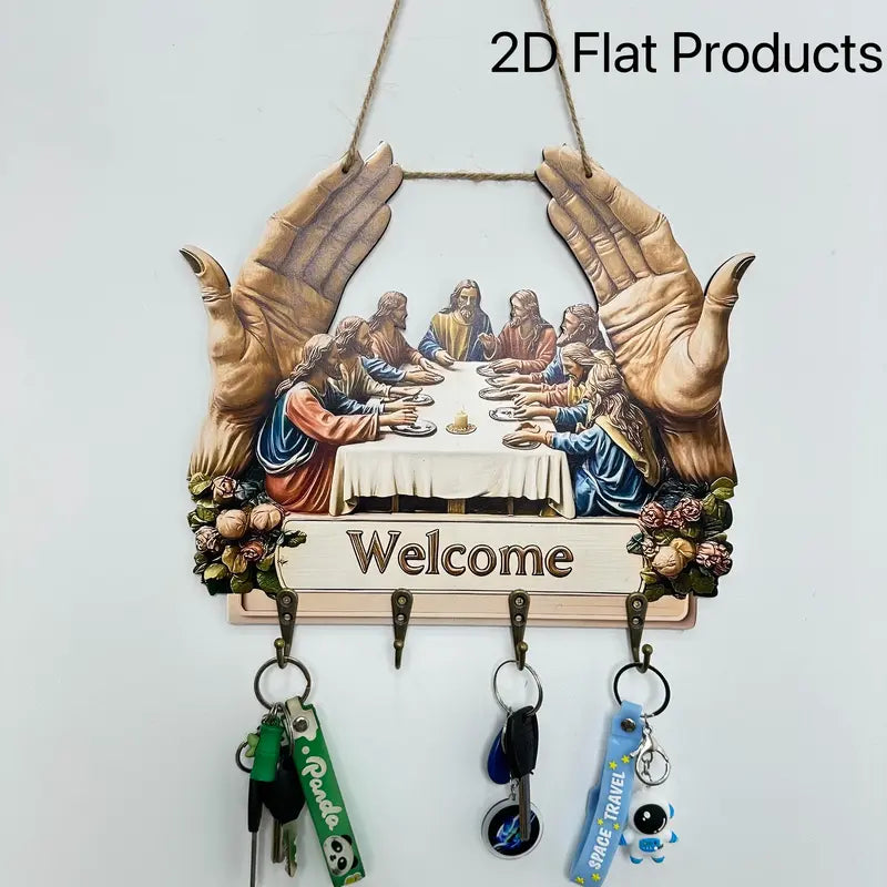 Flat Jesus and Disciples Wall Art Keychain 1 Piece Pack, Exquisite Religious Design with Four Metal Hooks, 10.4"x11.8" Artificial Wood & Metal Frame, Porch Welcome Sign, Farmhouse Style Seasonal Home Decor, Intricate Craftsmanship,Mother's Day gift