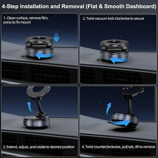 Universal Magnetic Car Phone Holder Strong Vacuum Suction Cup Mount for All Smartphones & Vehicles Foldable Design Works on Dashboard Gym & Bathroom Mirrors