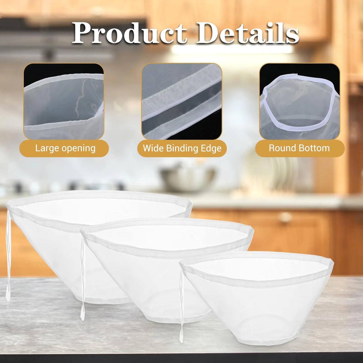3PCS Bowl-Shaped Nylon Nut Milk Bag, Reusable Strainer Bags for Cheese Cloths Almond Milk, Tea, Juice, Yogurt, Cheesecloth Alternative, Fine Mesh Food Filter