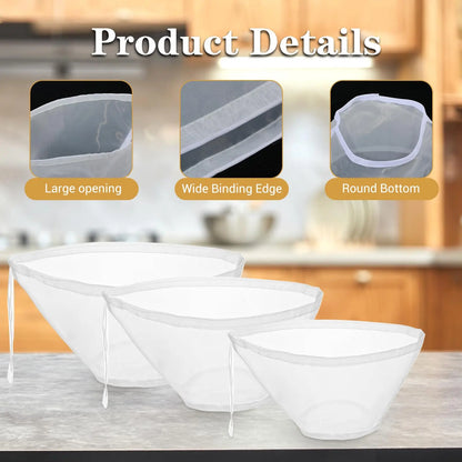 3PCS Bowl-Shaped Nylon Nut Milk Bag, Reusable Strainer Bags for Cheese Cloths Almond Milk, Tea, Juice, Yogurt, Cheesecloth Alternative, Fine Mesh Food Filter