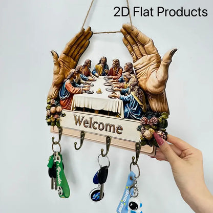 Flat Jesus and Disciples Wall Art Keychain 1 Piece Pack, Exquisite Religious Design with Four Metal Hooks, 10.4"x11.8" Artificial Wood & Metal Frame, Porch Welcome Sign, Farmhouse Style Seasonal Home Decor, Intricate Craftsmanship,Mother's Day gift