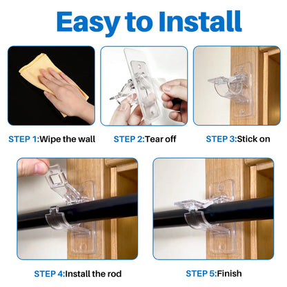6-Pack No Drill Needed Curtain Rod Holders Brackets, Self Adhesive Rod Holder Hooks, Multipurpose Nail Free Stick on Curtain Rod Hooks Decor Bathroom