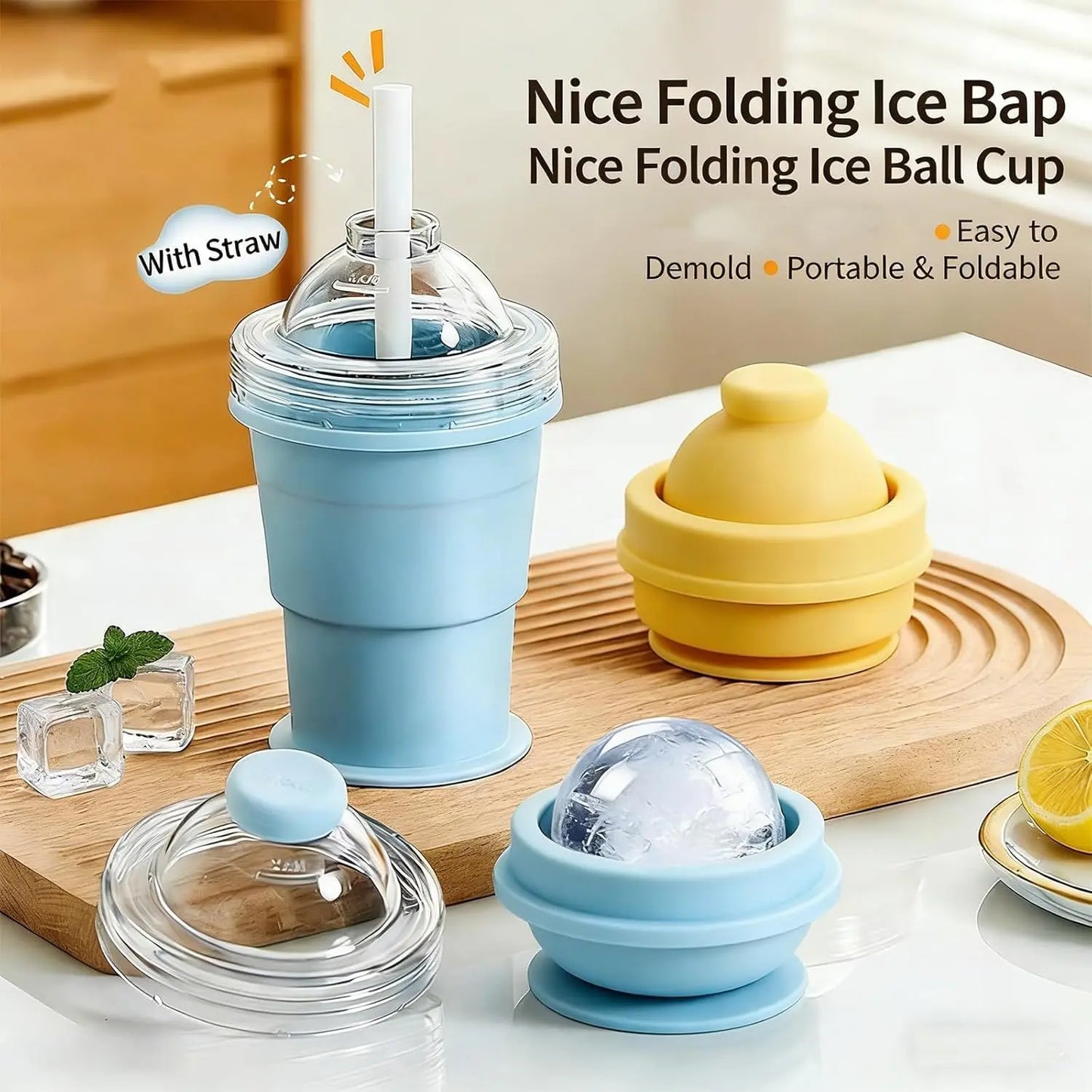 Folding ice hockey cup, silicone cup, summer ice hockey folding water cup, creative silicone ice cube mold, large spherical homemade whiskey freezer.