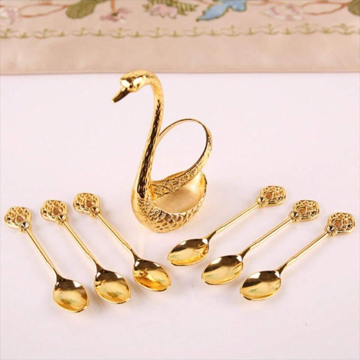 Coffee Spoons Set, Including 6 Stainless Steel Spoons and 1 Swan Base, Creative Swan Design Coffee Stirring Spoons for Dessert and Tea, Kitchen Cutlery and Tableware Utensils Supplies