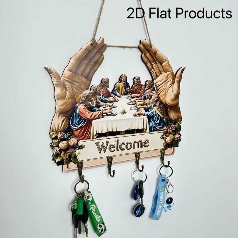 Flat Jesus and Disciples Wall Art Keychain 1 Piece Pack, Exquisite Religious Design with Four Metal Hooks, 10.4"x11.8" Artificial Wood & Metal Frame, Porch Welcome Sign, Farmhouse Style Seasonal Home Decor, Intricate Craftsmanship,Mother's Day gift