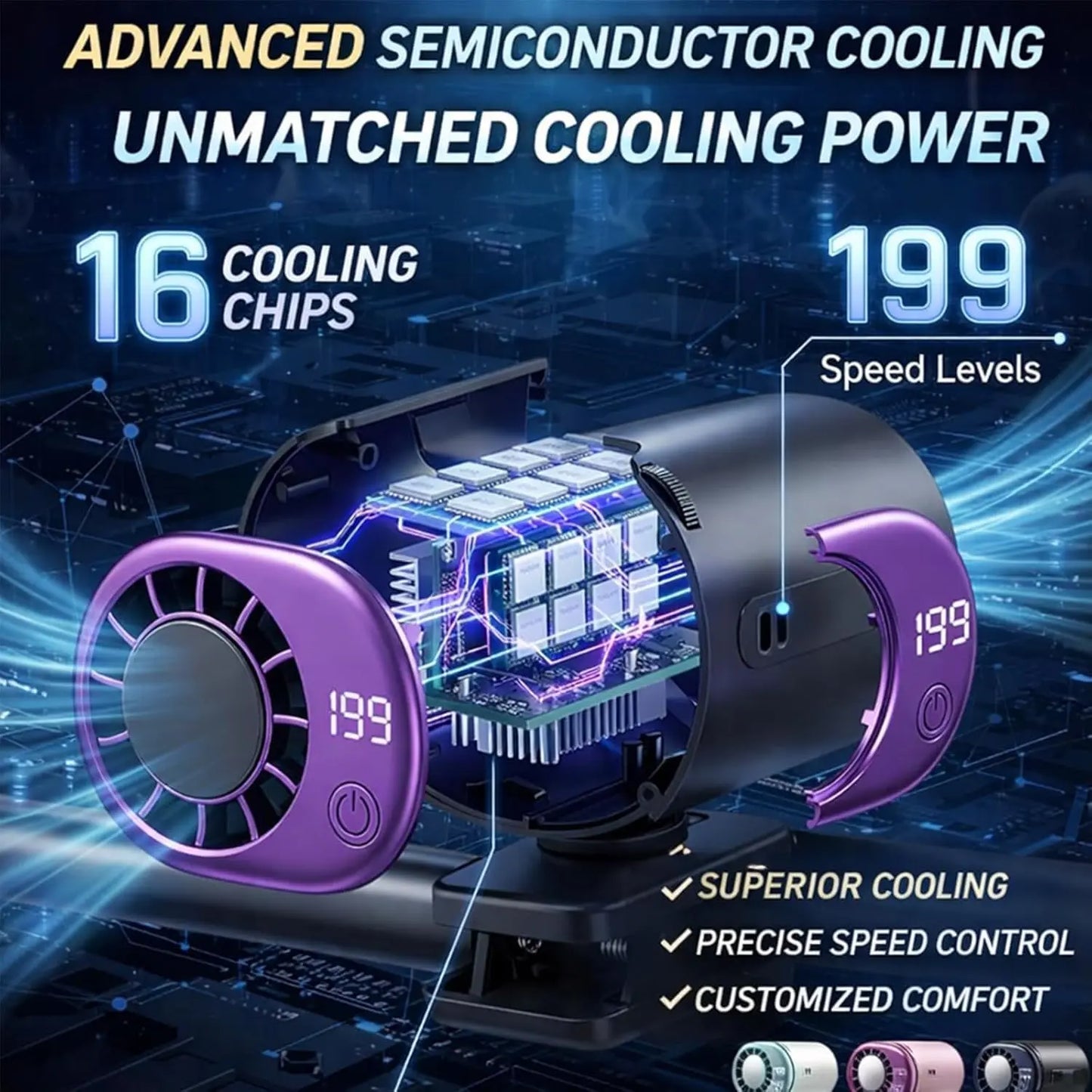 2026 New Car Clip On Air Conditioner Fan with LED Display - 360° Rotation, Portable Mini Cooling System for Auto Vehicle USB Rechargeable, 199 Speeds Adjustable, 16℃ Semi-Cooling Wide Clamp