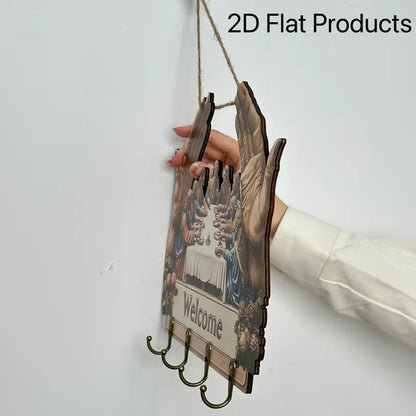 Flat Jesus and Disciples Wall Art Keychain 1 Piece Pack, Exquisite Religious Design with Four Metal Hooks, 10.4"x11.8" Artificial Wood & Metal Frame, Porch Welcome Sign, Farmhouse Style Seasonal Home Decor, Intricate Craftsmanship,Mother's Day gift