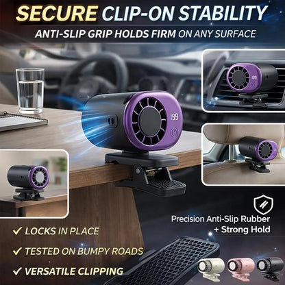2026 New Car Clip On Air Conditioner Fan with LED Display - 360° Rotation, Portable Mini Cooling System for Auto Vehicle USB Rechargeable, 199 Speeds Adjustable, 16℃ Semi-Cooling Wide Clamp