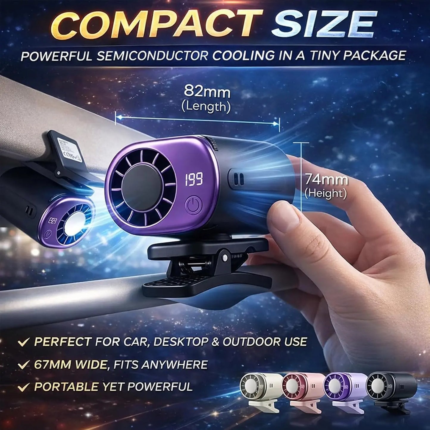 2026 New Car Clip On Air Conditioner Fan with LED Display - 360° Rotation, Portable Mini Cooling System for Auto Vehicle USB Rechargeable, 199 Speeds Adjustable, 16℃ Semi-Cooling Wide Clamp