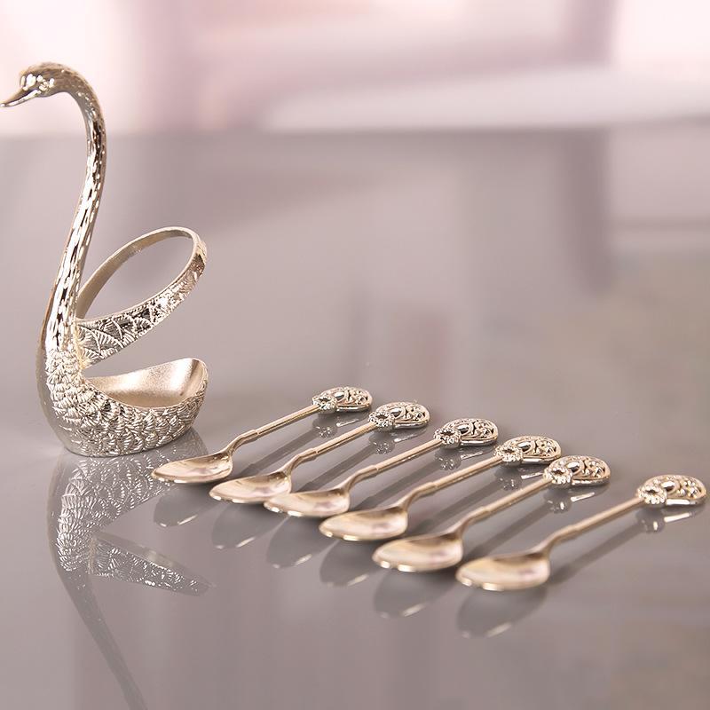Coffee Spoons Set, Including 6 Stainless Steel Spoons and 1 Swan Base, Creative Swan Design Coffee Stirring Spoons for Dessert and Tea, Kitchen Cutlery and Tableware Utensils Supplies