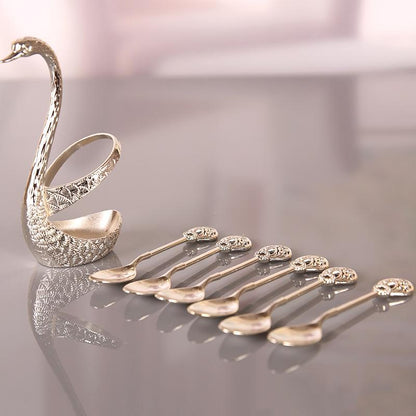 Coffee Spoons Set, Including 6 Stainless Steel Spoons and 1 Swan Base, Creative Swan Design Coffee Stirring Spoons for Dessert and Tea, Kitchen Cutlery and Tableware Utensils Supplies