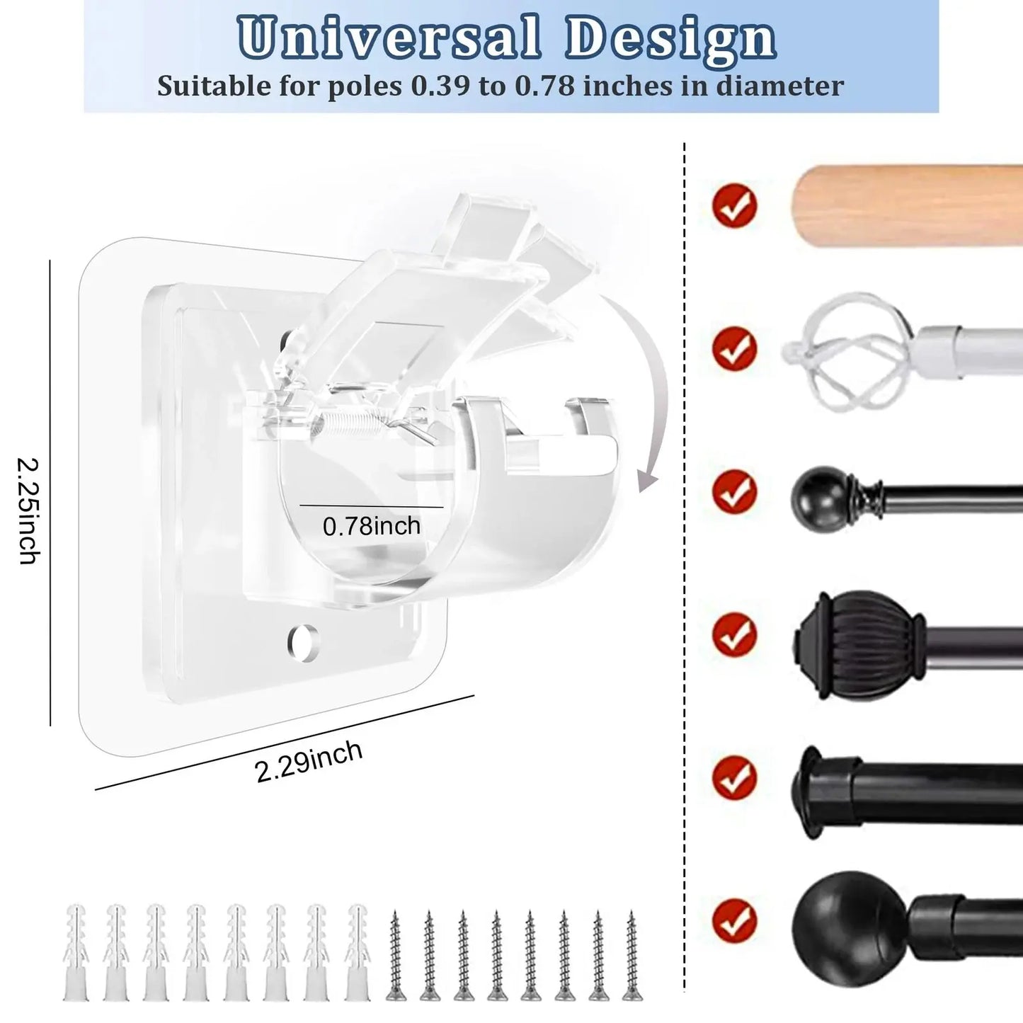 A set of 8PCS Curtain Rod Brackets with Clips,Transparent Drapery Hooks,Rod Hanging,Adjustable Rods Holder,Multipurposefor Curtain Rod Hooks for Livingroom Bathroom Kitchen Bedroom Toilet Apartment