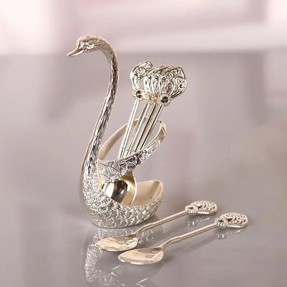 Coffee Spoons Set, Including 6 Stainless Steel Spoons and 1 Swan Base, Creative Swan Design Coffee Stirring Spoons for Dessert and Tea, Kitchen Cutlery and Tableware Utensils Supplies