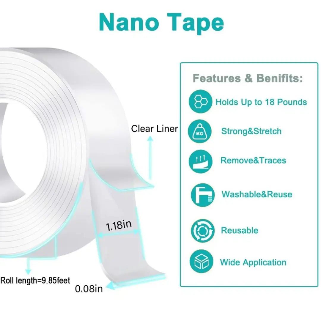 Ultra-strong Double Sided Adhesive Nano Tape Heavy Duty Transparent Reusable Tapes Heat Resistance for Bathroom Home Decoration Picture Hanging Picture Hanging 10.5FT Traceless Magic Tape