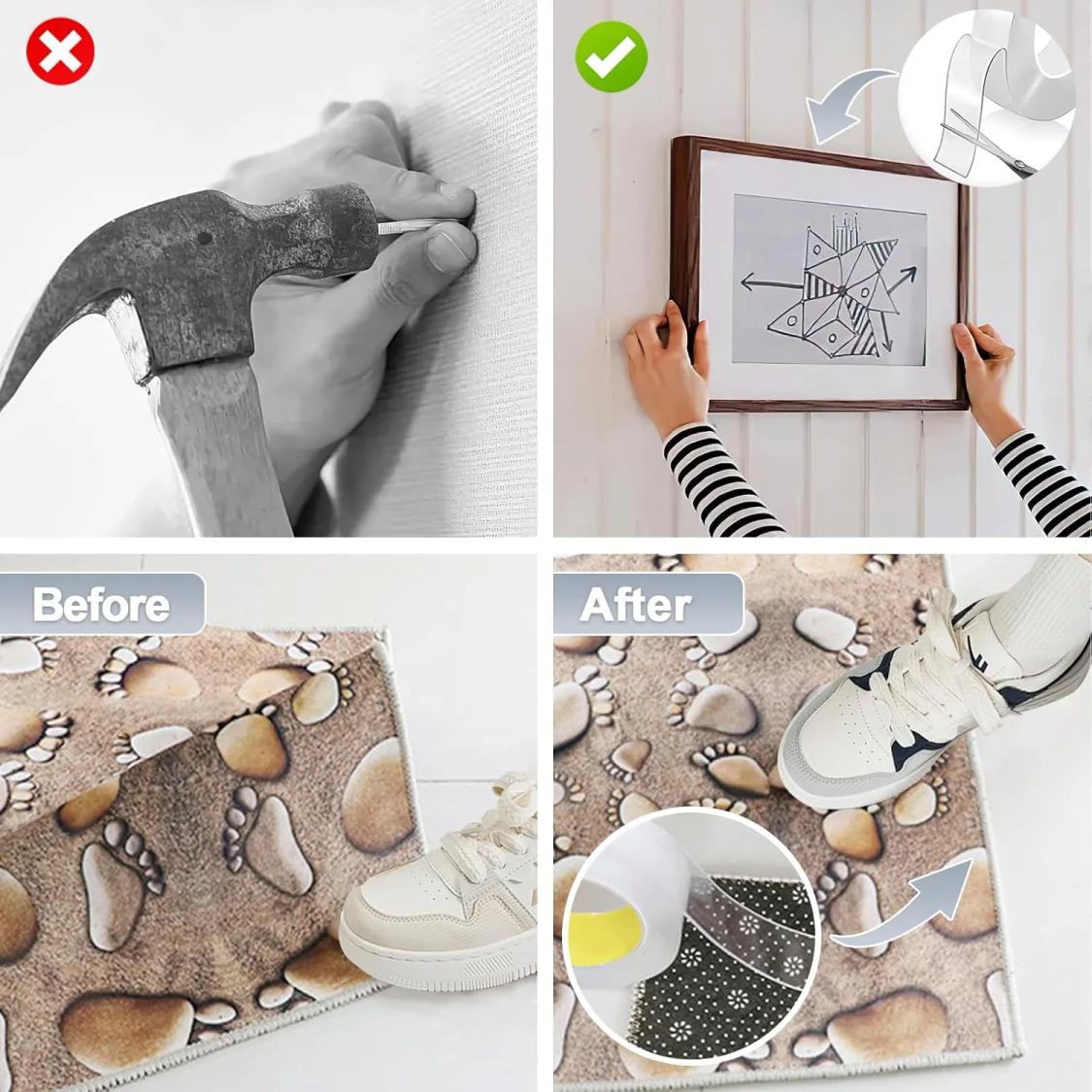 Ultra-strong Double Sided Adhesive Nano Tape Heavy Duty Transparent Reusable Tapes Heat Resistance for Bathroom Home Decoration Picture Hanging Picture Hanging 10.5FT Traceless Magic Tape
