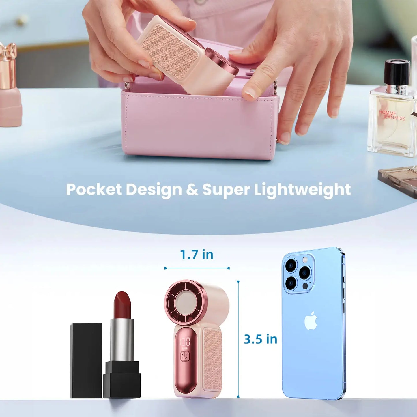Mini Handheld Fan with LED Display – 6-Speed Turbo Pocket size Fan for Women. USB Rechargeable, High-Speed Cooling for Travel & Makeup. Perfect Gift. Portable Refrigeration