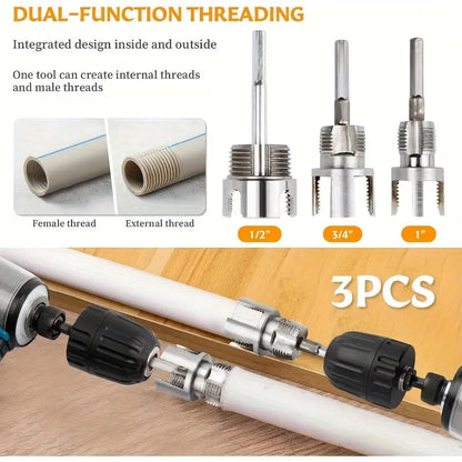 3-Piece Heavy-Duty Alloy Pipe Threading Tool Set - 1/2", 3/4", 1" Internal/External Threads, Electric Drill Compatible PVC/Plastic Pipe Threading Tool, Suitable for DIY and Professional Plumbing Installations (Compatible with PPR, MPP Pipes)Summervibes