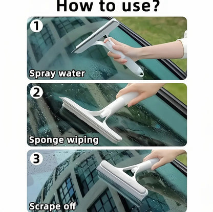 3 in 1 Window Cleaning Scraper, Squeegee and Scrubber with Spray, Multifunctional Household Cleaning Tool, Car Windshield Cleaner,Lightweight Silicone Microfiber Wipe