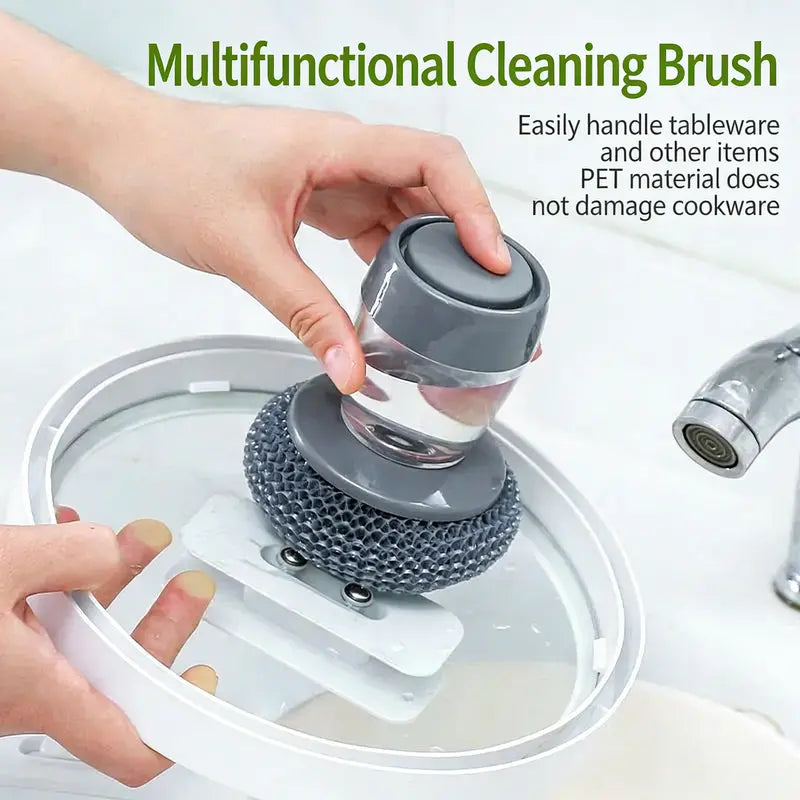 Automatic Liquid Filling Comfort Handle Soap Dispense Palm Brush for Kitchen Sink Pot Bowl Cleaning Ergonomic Non-slip Grip Durable Bristles Multi-Purpose Tool - Sponges