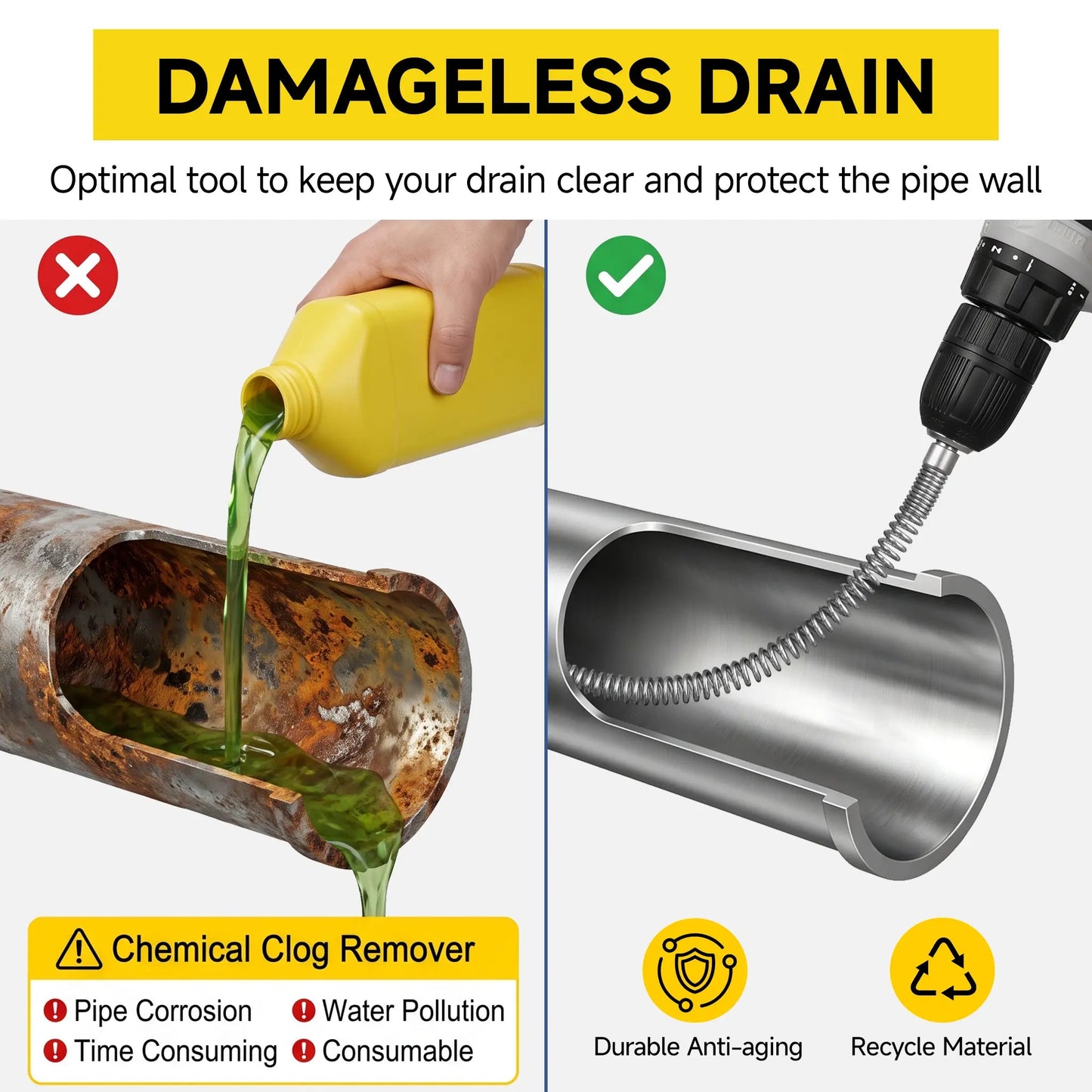 Drain Snake with Drill Adapter, Heavy Duty Drain Auger, Flexible Plumbing Snake Drain Clog Remover, Spring Steel Pipe Cleaning Tool for Kitchen Sink, Bathroom, Shower, Bathtub, Toilet, Hair & Grease Clog Removal, Reusable DIY Plumbing Cleaner