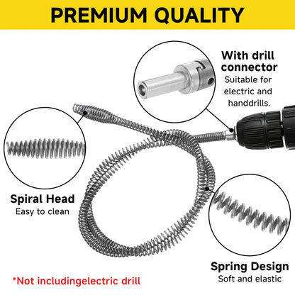 Drain Snake with Drill Adapter, Heavy Duty Drain Auger, Flexible Plumbing Snake Drain Clog Remover, Spring Steel Pipe Cleaning Tool for Kitchen Sink, Bathroom, Shower, Bathtub, Toilet, Hair & Grease Clog Removal, Reusable DIY Plumbing Cleaner