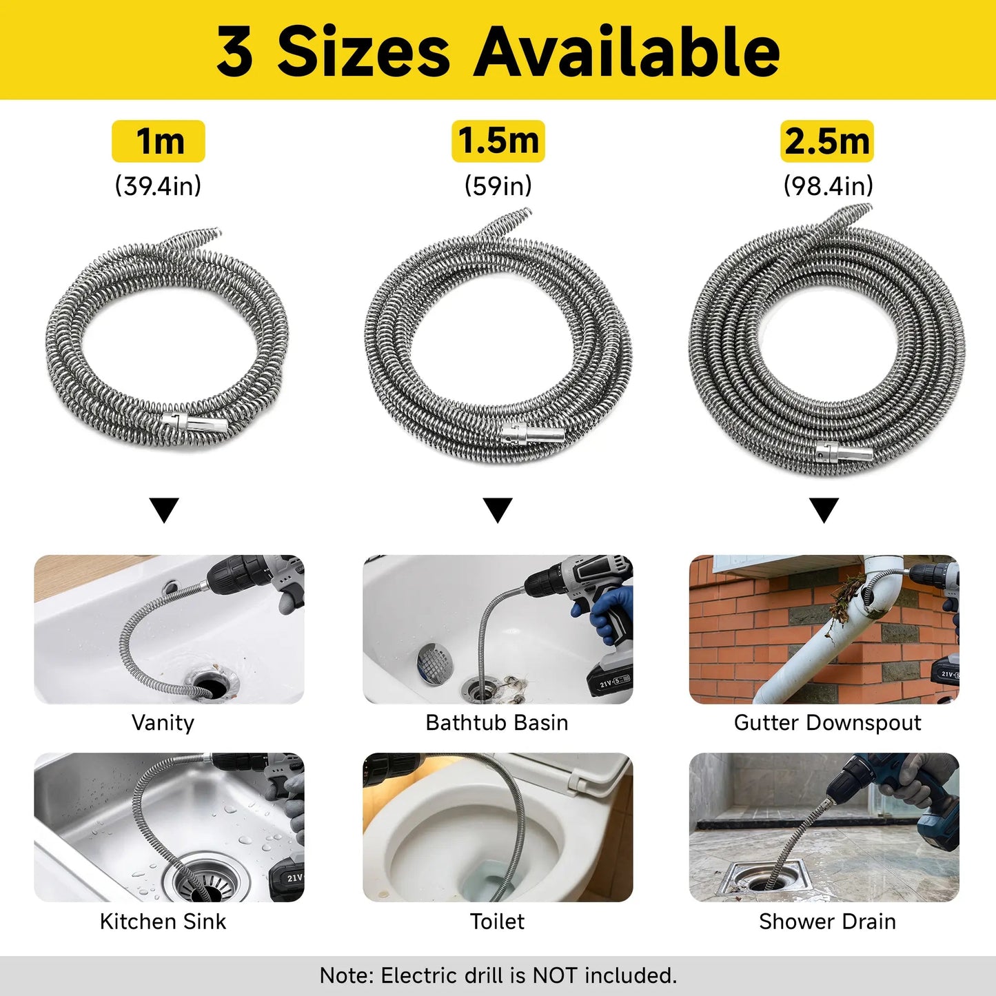 Drain Snake with Drill Adapter, Heavy Duty Drain Auger, Flexible Plumbing Snake Drain Clog Remover, Spring Steel Pipe Cleaning Tool for Kitchen Sink, Bathroom, Shower, Bathtub, Toilet, Hair & Grease Clog Removal, Reusable DIY Plumbing Cleaner