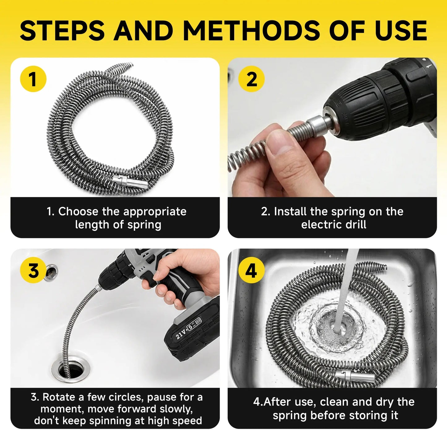 Drain Snake with Drill Adapter, Heavy Duty Drain Auger, Flexible Plumbing Snake Drain Clog Remover, Spring Steel Pipe Cleaning Tool for Kitchen Sink, Bathroom, Shower, Bathtub, Toilet, Hair & Grease Clog Removal, Reusable DIY Plumbing Cleaner