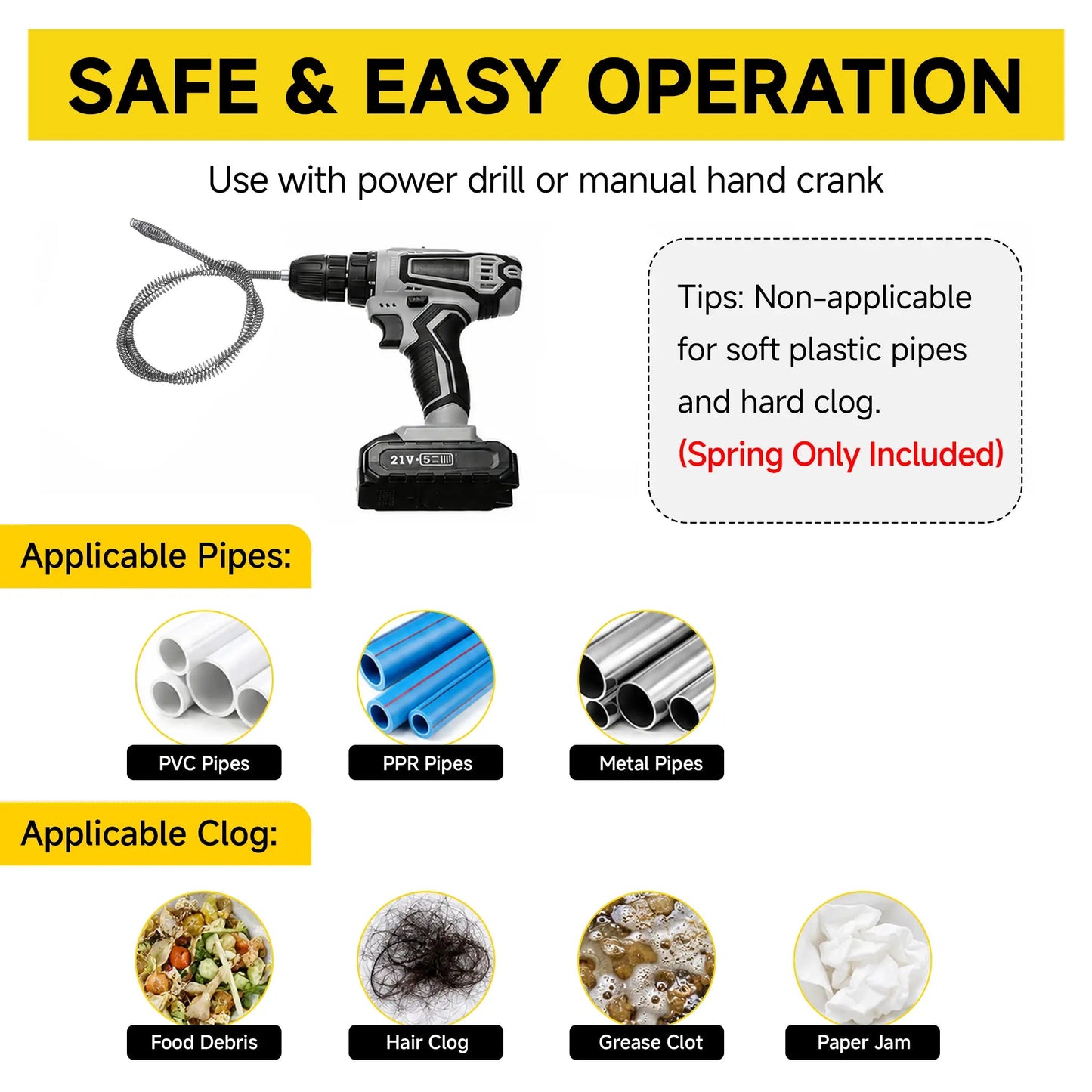 Drain Snake with Drill Adapter, Heavy Duty Drain Auger, Flexible Plumbing Snake Drain Clog Remover, Spring Steel Pipe Cleaning Tool for Kitchen Sink, Bathroom, Shower, Bathtub, Toilet, Hair & Grease Clog Removal, Reusable DIY Plumbing Cleaner