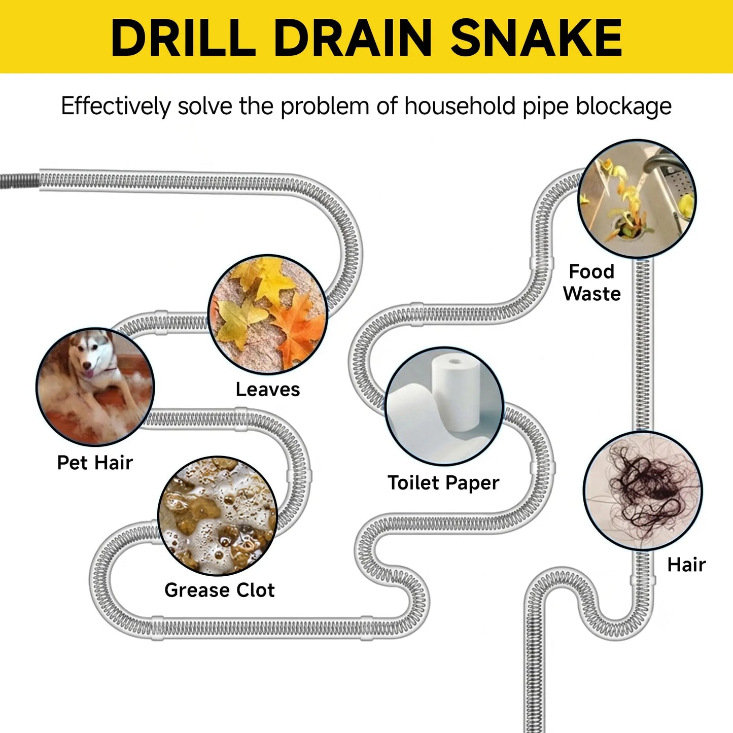 Drain Snake with Drill Adapter, Heavy Duty Drain Auger, Flexible Plumbing Snake Drain Clog Remover, Spring Steel Pipe Cleaning Tool for Kitchen Sink, Bathroom, Shower, Bathtub, Toilet, Hair & Grease Clog Removal, Reusable DIY Plumbing Cleaner