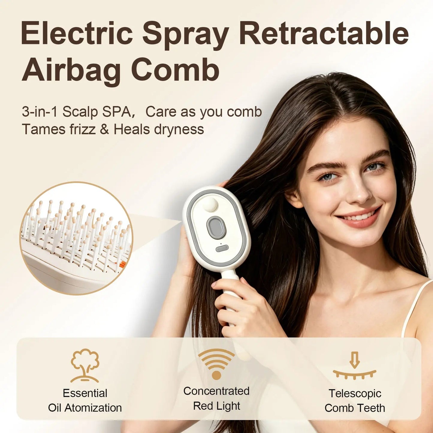 Electric Spray Air Cushion Massage Comb | Essential Oil Mist Hair Care Comb | Self-Cleaning Anti-Tangle | Anti-Static Volumizing Aromatherapy Comb