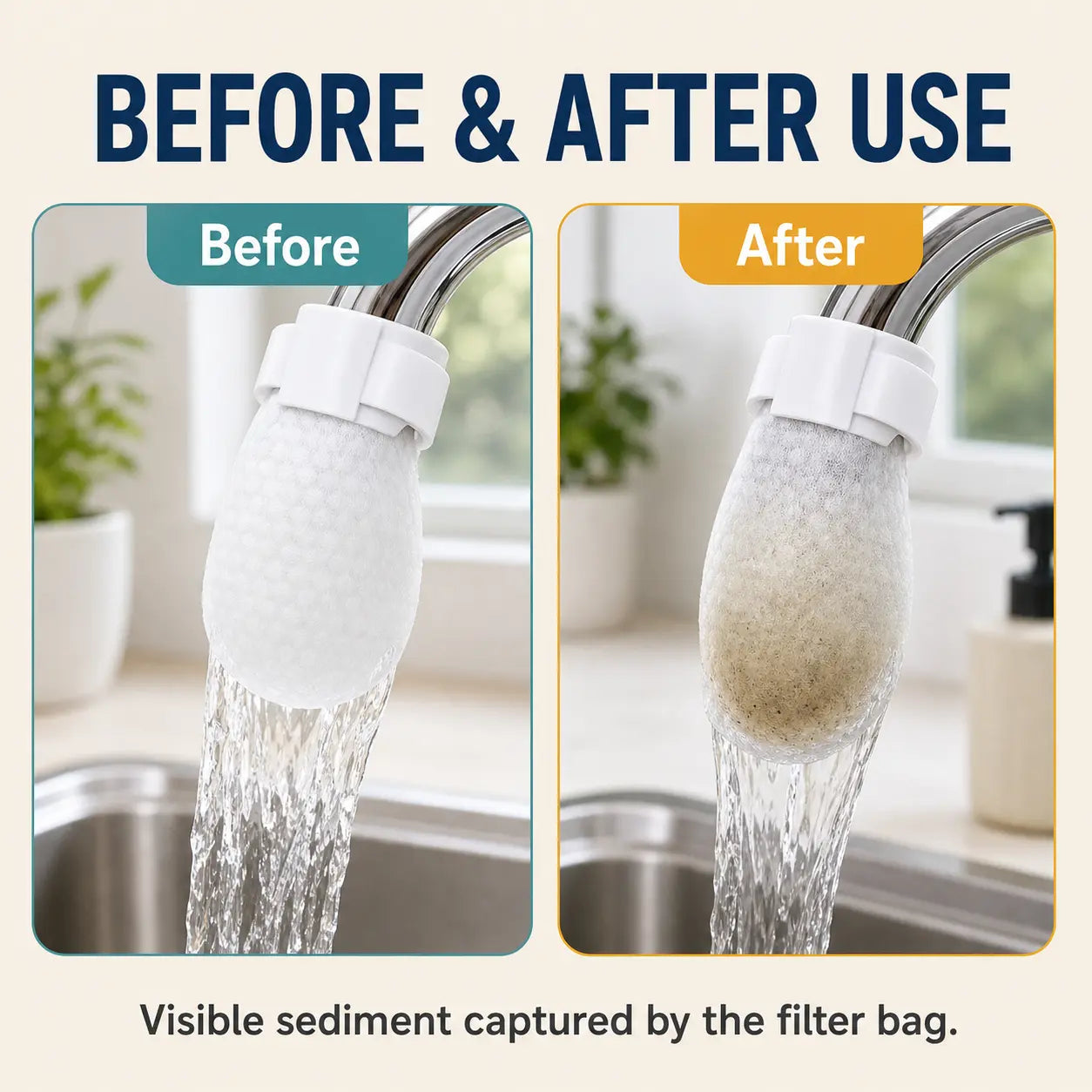 [Fits Faucets < 1"] 50 cotton filter bags disposable Cotton Faucet Filter Bags with 5 fastening straps, Splash-Reducing Tap Water Sediment Filter Sock with Elastic Cuff for Kitchen & Bathroom Faucets