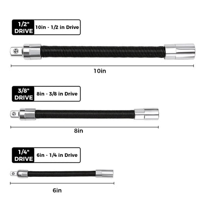 Flexible Socket Extension Bar Set 3-Piece 1/2" 3/8" 1/4" Shaft Drive 10" 8" 6"-Spring-Loaded Detent Balls to Prevent Slipping, fathersdaygift fathersdaygift
