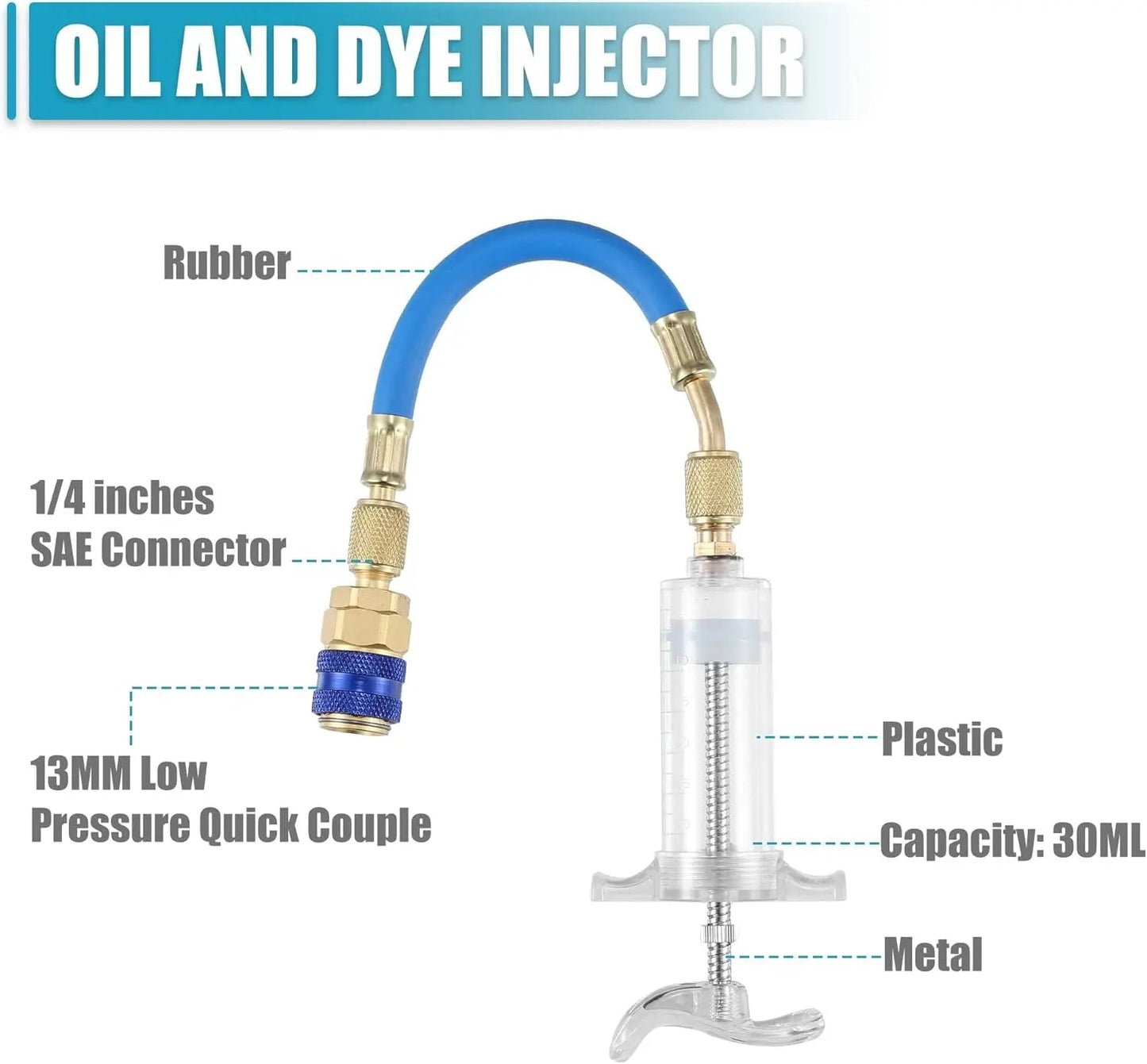 Oil and Dye Injectors Kit 30ml/1 Oz Hand Push Compressor Manual AC Oil Dye Injector with Quick Coupler 1/4 SAE Connector Car HVAC Compressor Oil Dye Injector Refrigerant Tool