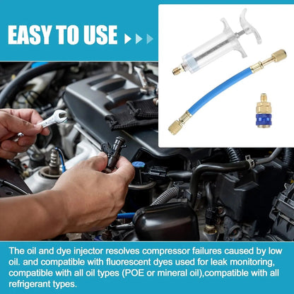 Oil and Dye Injectors Kit 30ml/1 Oz Hand Push Compressor Manual AC Oil Dye Injector with Quick Coupler 1/4 SAE Connector Car HVAC Compressor Oil Dye Injector Refrigerant Tool