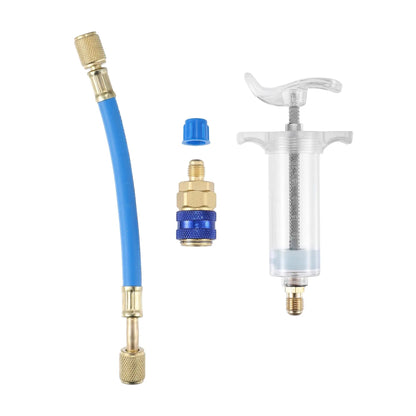 Oil and Dye Injectors Kit 30ml/1 Oz Hand Push Compressor Manual AC Oil Dye Injector with Quick Coupler 1/4 SAE Connector Car HVAC Compressor Oil Dye Injector Refrigerant Tool