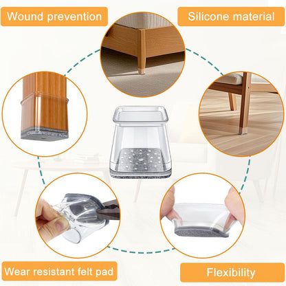 Square Chair Leg Floor Protectors, Furniture felt pads for Hardwood Floors, furniture Sliders for Chair Legs, Floor Protectors for Chairs, reduces noise Silicone Chair Leg Caps Cover, Large, Clear