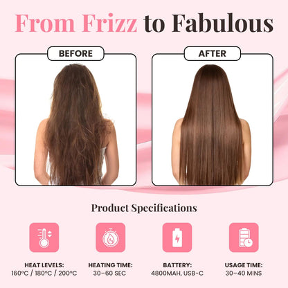 Mini Cordless Hair Straightener, Portable 2-in-1 Heated Comb & Iron, USB-C Rechargeable, Travel-Friendly Styling Tool, Multifunctional Hair Styler For Travel & Home Anti-Frizz Brush Pink