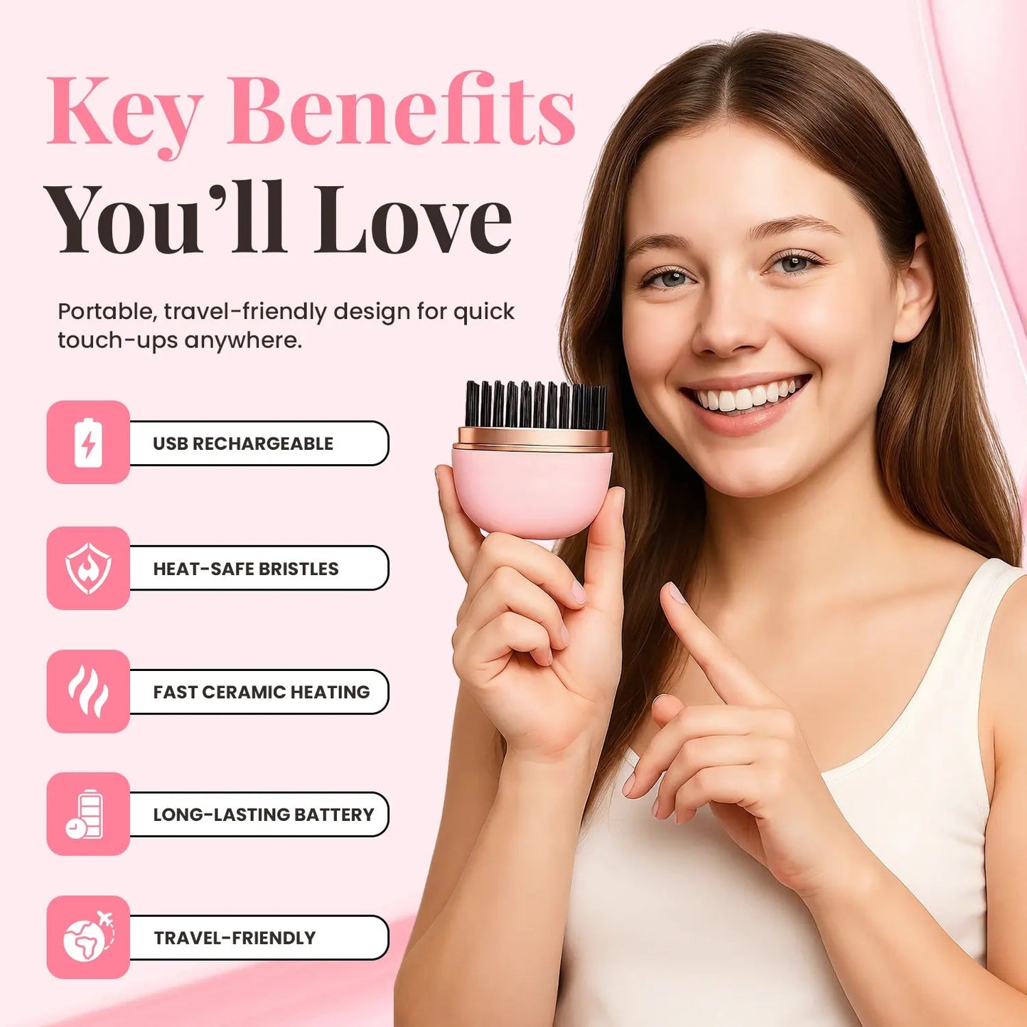 Mini Cordless Hair Straightener, Portable 2-in-1 Heated Comb & Iron, USB-C Rechargeable, Travel-Friendly Styling Tool, Multifunctional Hair Styler For Travel & Home Anti-Frizz Brush Pink
