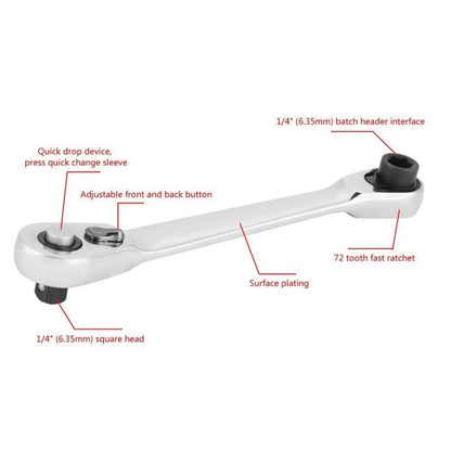 Silver Ratchet Wrench 1/4 Inch Mini Double Headed 72 Tooth Drive Socket (Bits Not Included), Ratchet Set Rotator Practical Accessories Tool, 5 Degrees Quick Install Release