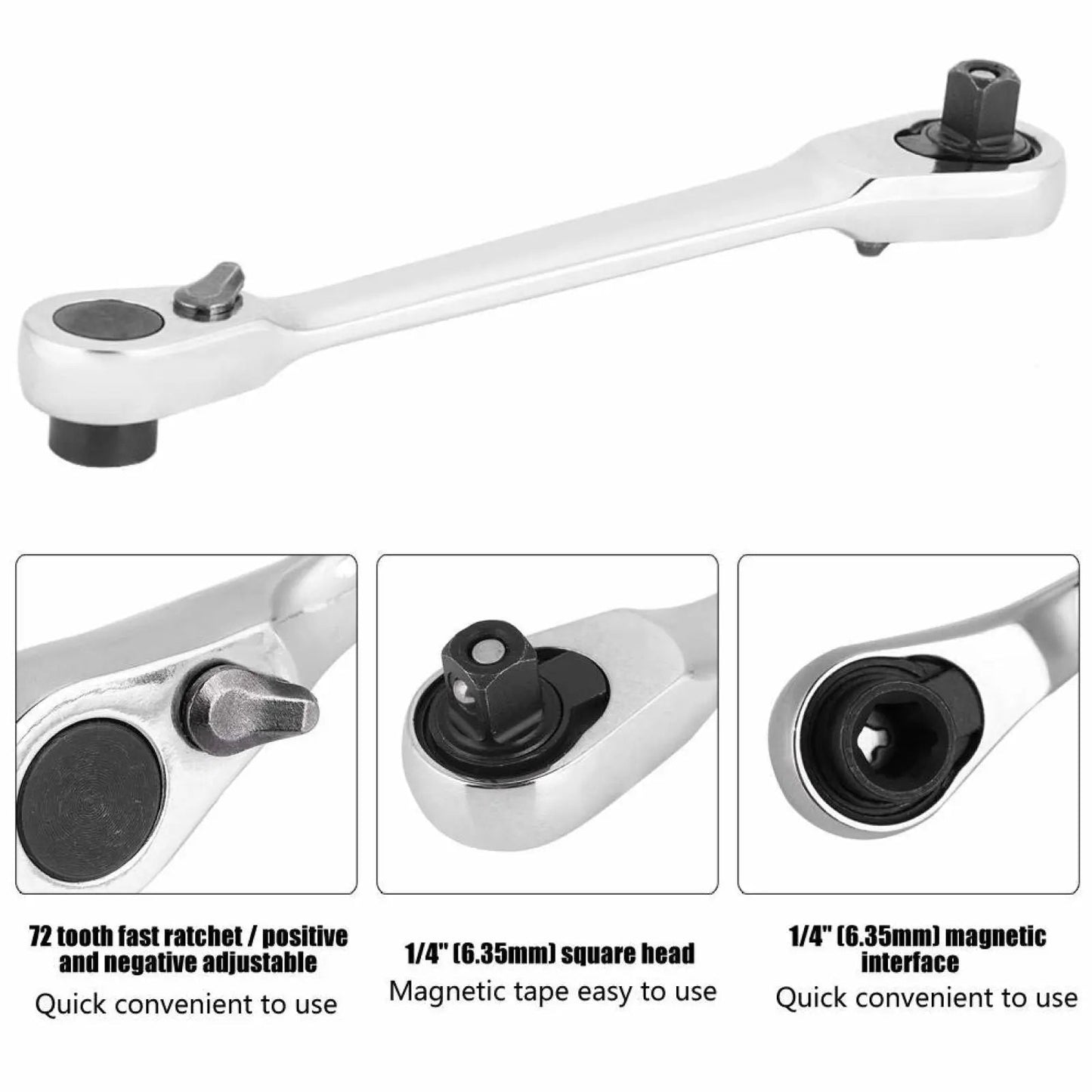 Silver Ratchet Wrench 1/4 Inch Mini Double Headed 72 Tooth Drive Socket (Bits Not Included), Ratchet Set Rotator Practical Accessories Tool, 5 Degrees Quick Install Release