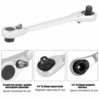 Silver Ratchet Wrench 1/4 Inch Mini Double Headed 72 Tooth Drive Socket (Bits Not Included), Ratchet Set Rotator Practical Accessories Tool, 5 Degrees Quick Install Release