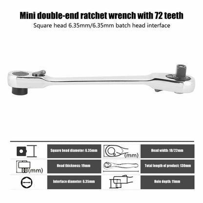 Silver Ratchet Wrench 1/4 Inch Mini Double Headed 72 Tooth Drive Socket (Bits Not Included), Ratchet Set Rotator Practical Accessories Tool, 5 Degrees Quick Install Release
