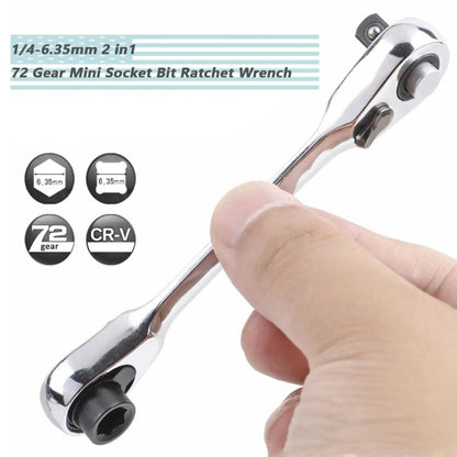 Silver Ratchet Wrench 1/4 Inch Mini Double Headed 72 Tooth Drive Socket (Bits Not Included), Ratchet Set Rotator Practical Accessories Tool, 5 Degrees Quick Install Release