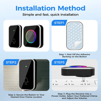 Wireless Doorbell, Easy installation, Waterproof, Adjustable Volume, 45 Chimes, Colorful LED, 1000Ft Range, Black