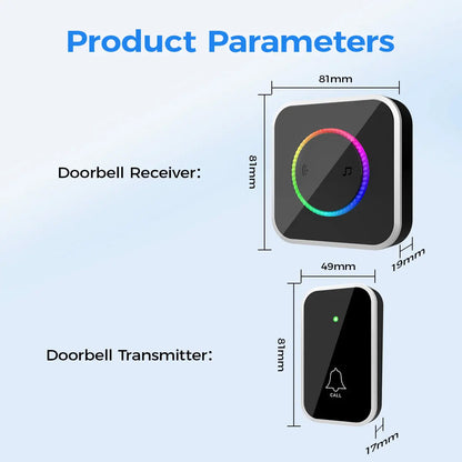 Wireless Doorbell, Easy installation, Waterproof, Adjustable Volume, 45 Chimes, Colorful LED, 1000Ft Range, Black