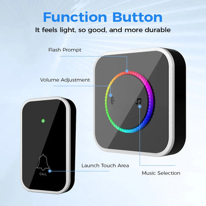 Wireless Doorbell, Easy installation, Waterproof, Adjustable Volume, 45 Chimes, Colorful LED, 1000Ft Range, Black